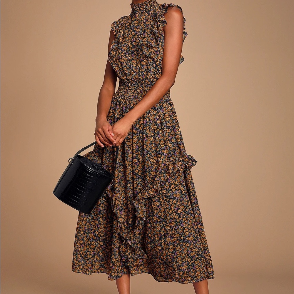 Evalina Floral Print Mock Neck Midi Dress